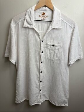 Blanco Men's White Short-Sleeve Textured Button-Down Shirt 100% Cotton Sz M